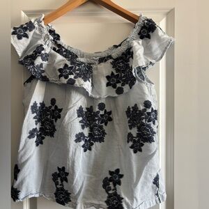 J. Jill Women’s Blue cotton Striped Floral Off the Shoulder Ruffle Top Small